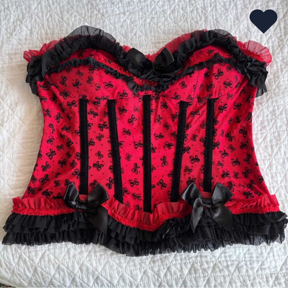 Coquette 1X/2X Y2K Red and Black  Bow Print Corset bustier lingerie Top ruffle
